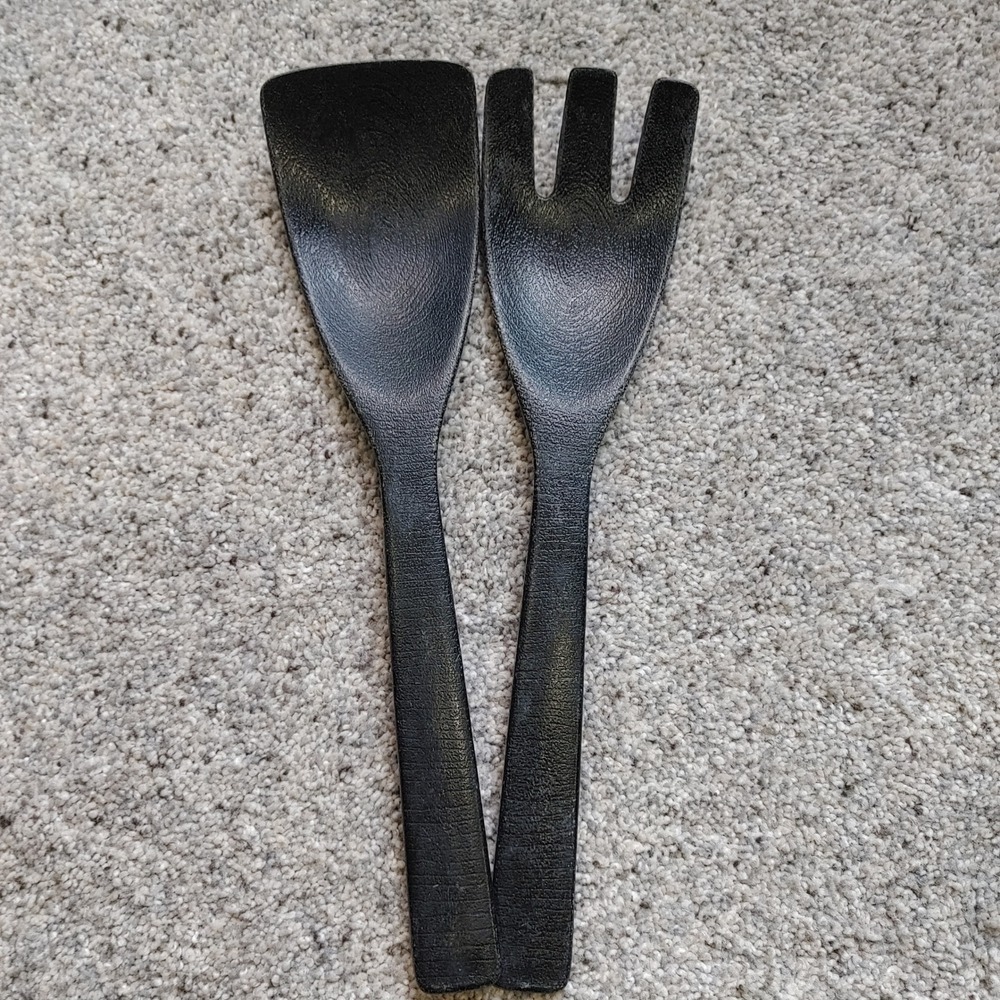 Vintage Black Resin Salad Server Set 2 Piece Textured Serving Spoon Fork 11in